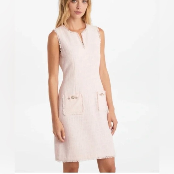 Karl Lagerfeld Paris Pink Tweed Shift Dress with Front Decor Pockets Size 8 - Picture 1 of 12